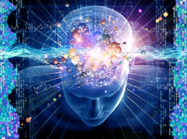 Una imagen digital 3D, de una cabeza humana semitransparente,de la que salen rayos y bolas unidas por líneas, como muestra de lo mucho que encierra nuestra mente. Entre otros, el pensamiento intuitivo.